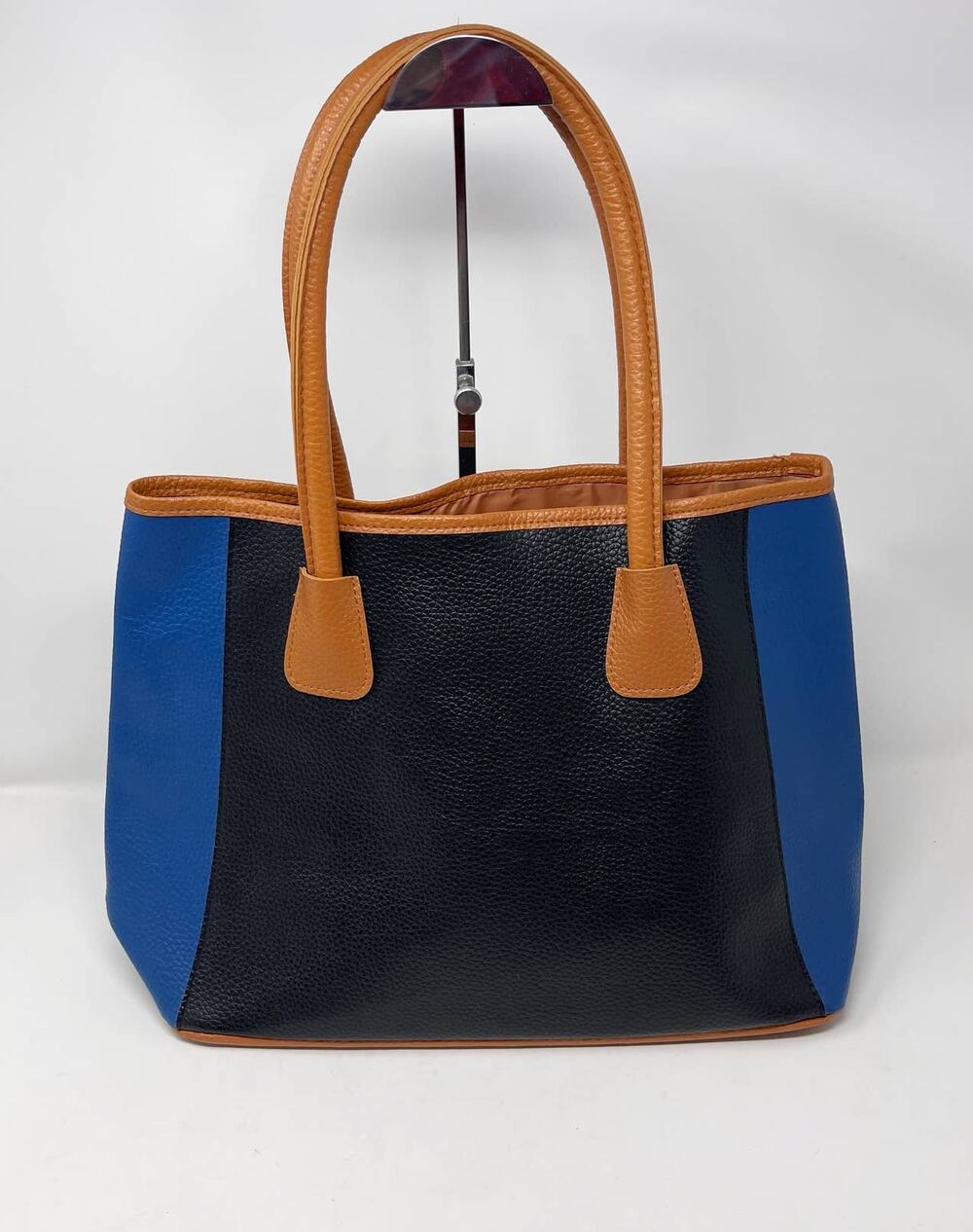 Neiman Marcus Blue Black Tan Faux Leather Colorblock Stripe Tote Bag Purse